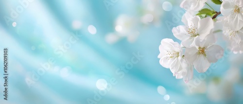  A tight shot of white flowers adorned on a tree branch, surrounded by water-speckled background