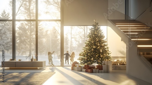 Modern Holiday Celebration in a Luxurious Sunlit Living Room with a Decorated Christmas Tree and Family Enjoying a Snowy Winter View  Radiating Warmth and Elegance  