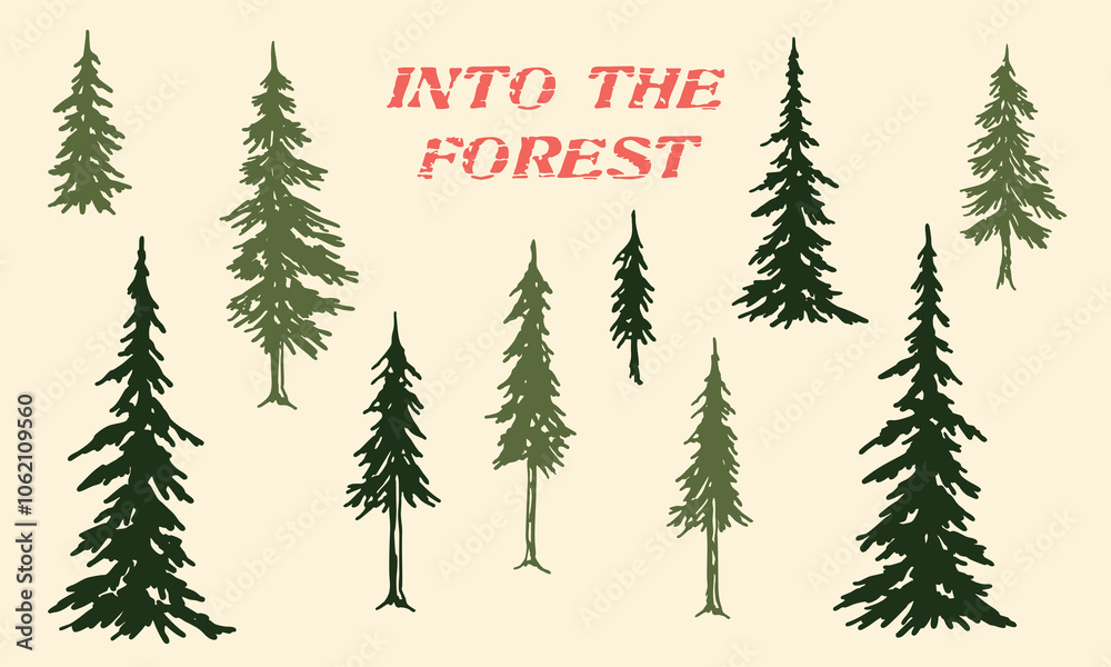 Obraz premium Pine Tree Silhouette Set – Evergreen Pine, Firs and Spruces for Nature and Wilderness Designs, Vector Woodland Illustrations on Off-White Background.