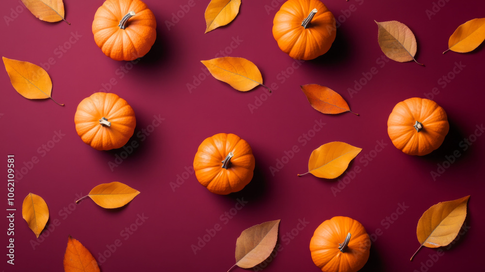 Colorful pumpkins arranged with autumn leaves on a deep red background Colorful pumpkins arranged with autumn leaves on a deep red background