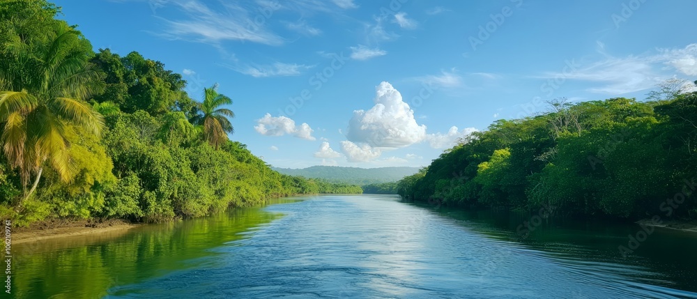 Surrounded by lush, green trees, a body of water reflects a blue sky dotted with feathery clouds Surrounded by lush, green trees, a body of water reflects a blue sky dotted with feathery clouds