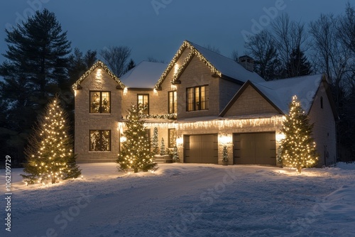 Enchanting Twilight Winter Wonderland Festive Christmas Lights Adorn Two-Story House in Snowy Landscape