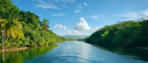  Surrounded by lush, green trees, a body of water reflects a blue sky dotted with feathery clouds