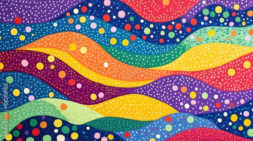 Bright, multicolor polka dots with wavy lines in the background, creating a fun, abstract design