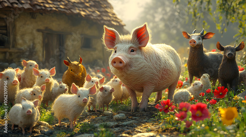 A Whimsical Gathering of a Mangalica Pig and Farm Animals in a Colorful Rural Landscape photo