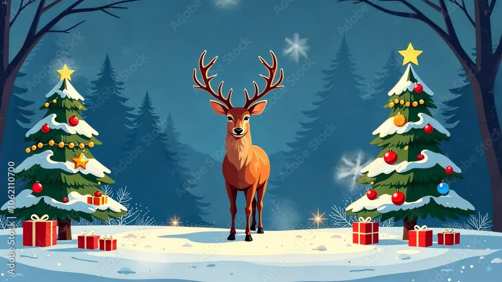 Majestic reindeer standing in snowy forest surrounded by decorated christmas trees and gifts, celebrating merry christmas and happy new year Majestic reindeer standing in snowy forest surrounded by decorated christmas trees and gifts, celebrating merry christmas and happy new year
