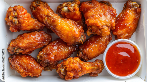 Juicy and spicy buffalo wings perfectly glazed with a tangy sauce, served hot and fresh, paired with a dipping sauce.