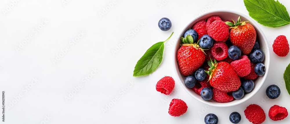 strawberries, blueberries, and raspberries, garnished with their lively green leaves strawberries, blueberries, and raspberries, garnished with their lively green leaves