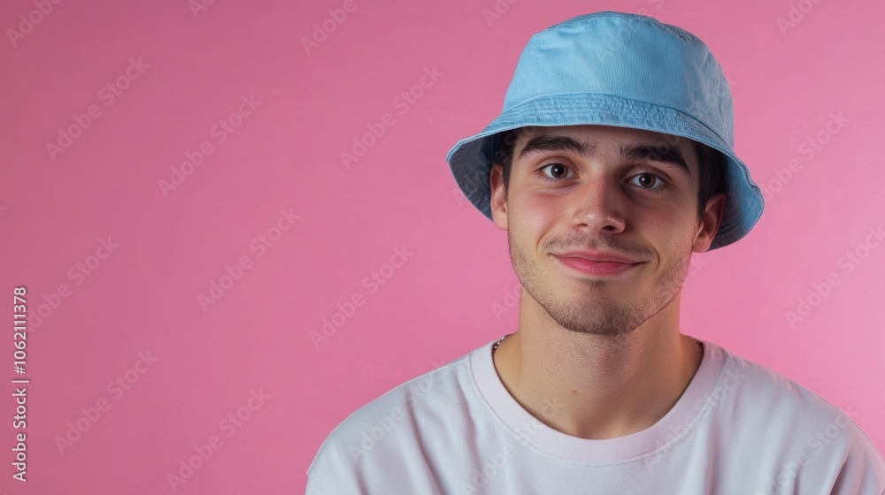 Happy young man in blue bucket hat smiling at camera on pink backdrop Happy young man in blue bucket hat smiling at camera on pink backdrop