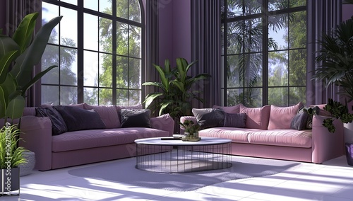 A modern minimalist living room featuring a pink sofa adorned with large and small cushions, complemented by floor-to-ceiling windows that fill the space with natural light.