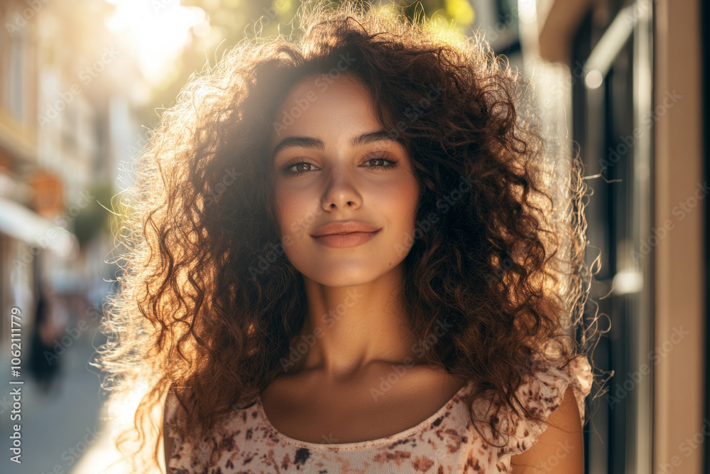 Young woman with curly hair smiles in a sunlit street during golden hour Young woman with curly hair smiles in a sunlit street during golden hour