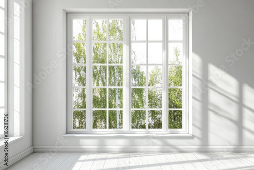 Bright sunlight streaming through large white windows in a minimalist room