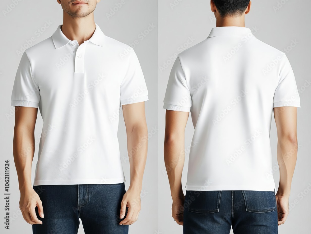 Blank polo shirt on model torso, no face visible, front and side views, studio lighting Blank polo shirt on model torso, no face visible, front and side views, studio lighting