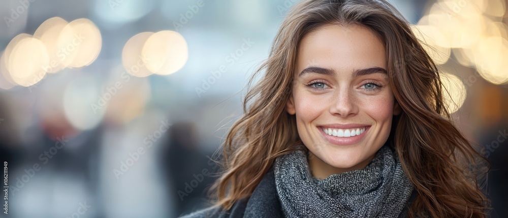 A woman, enwrapped in a scarf, smiles at the camera against a softly blurred backdrop of twinkling lights A woman, enwrapped in a scarf, smiles at the camera against a softly blurred backdrop of twinkling lights