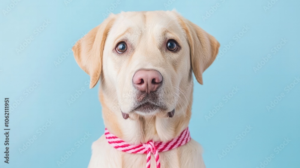 Labrador Dog Displays Adorable Expression While Wearing a Stylish Red and White Striped Collar Against a Soft Blue Background Labrador Dog Displays Adorable Expression While Wearing a Stylish Red and White Striped Collar Against a Soft Blue Background