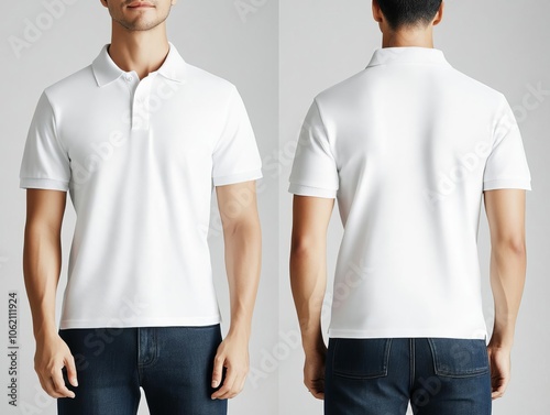 Blank polo shirt on model torso, no face visible, front and side views, studio lighting