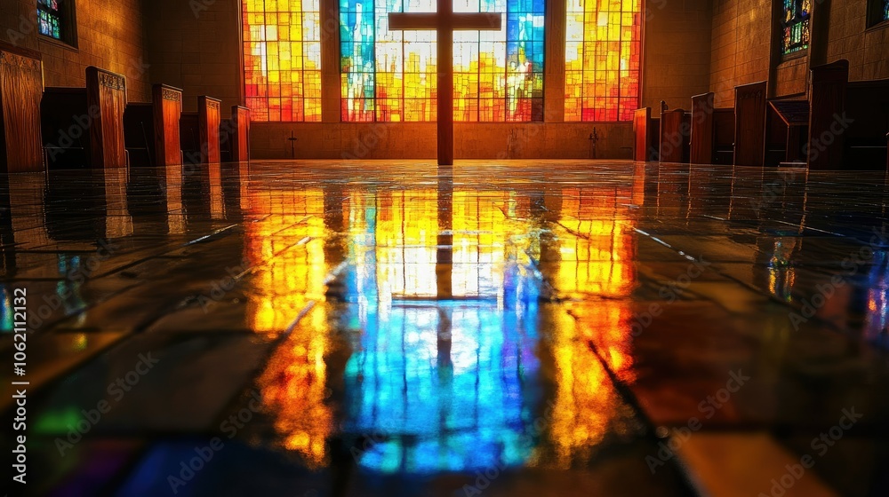 Cross in an old church with stained glass, casting colorful reflections on the floor, embodying reverence Cross in an old church with stained glass, casting colorful reflections on the floor, embodying reverence