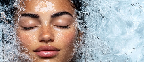  A woman's face, eyes shut, immersed in water's gentle splash