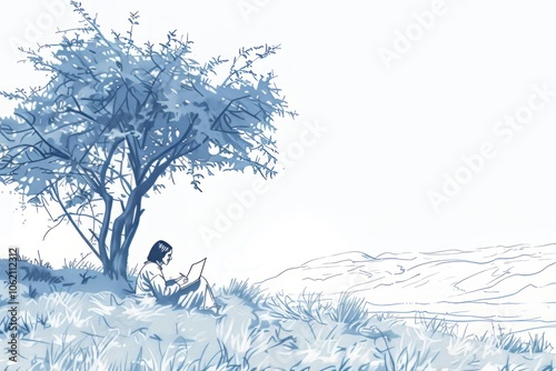 A peaceful scene of Malala writing her blog under a tree in Mingora, despite the oppressive environment ,vectorline design , illustration photo