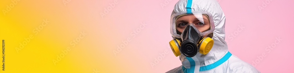 A man in a hazmat suit is wearing a gas mask. The image is a bright yellow background A man in a hazmat suit is wearing a gas mask. The image is a bright yellow background
