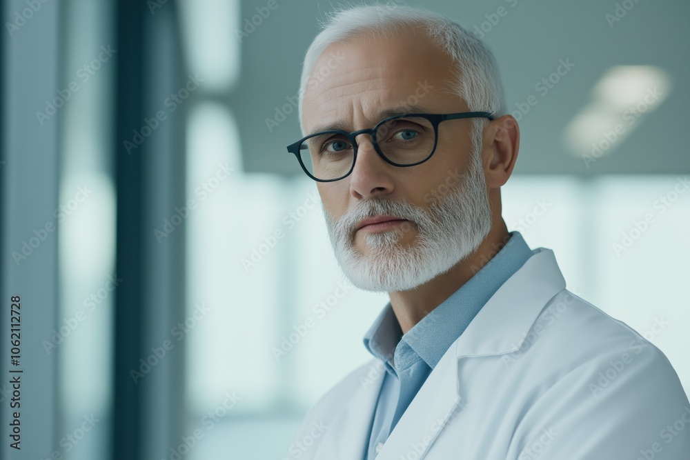 A man with glasses and a white lab coat stands in front of a window. He looks serious and focused A man with glasses and a white lab coat stands in front of a window. He looks serious and focused
