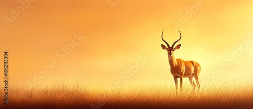  An antelope silhouetted against a yellow sky, dotted with scattered clouds, stands in a field of tall grass