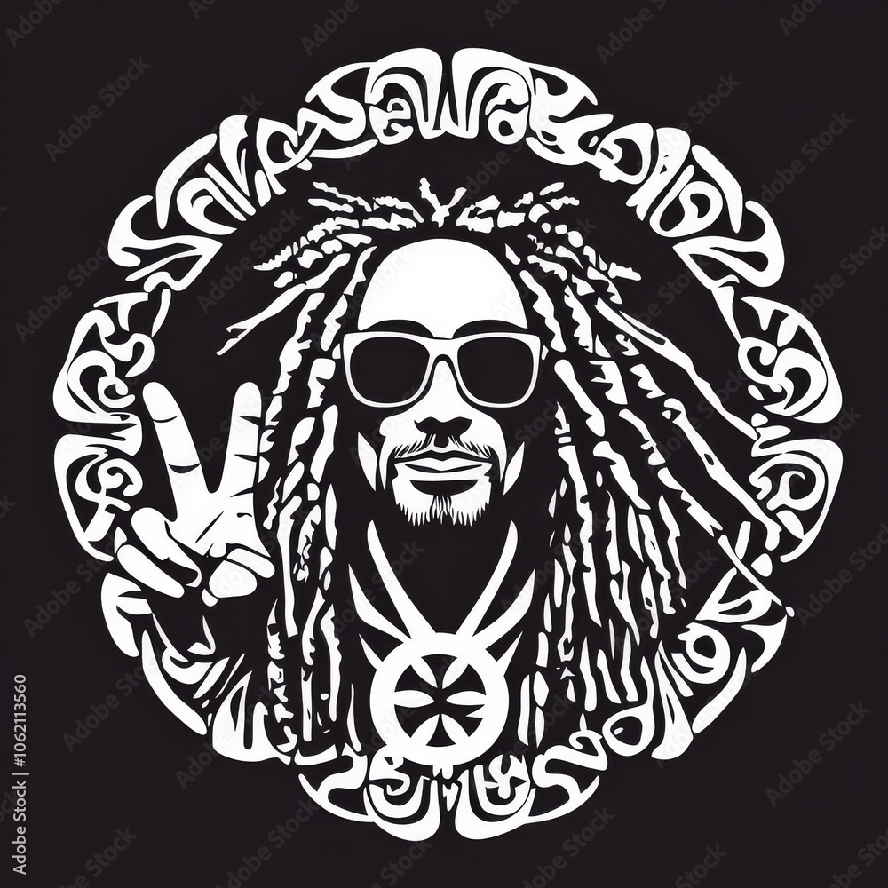 Rasta Man Peace Sign Portrait: Black and White Illustration Rasta Man Peace Sign Portrait: Black and White Illustration