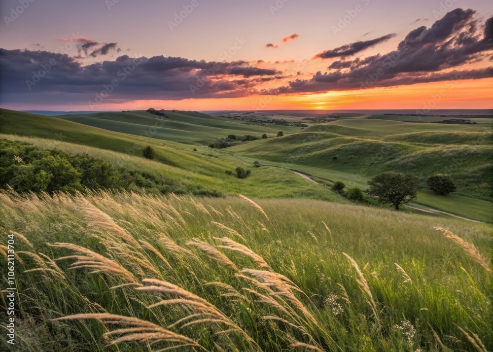 Obraz premium Soft Naturalistic Illustration of Kansas Tallgrass Prairie at Sunset with Warm Colors and Serenity