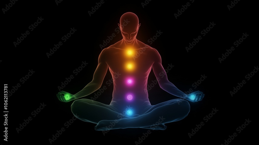 Silhouette of yoga woman lotus pose with chakra stages and rainbow colors Silhouette of yoga woman lotus pose with chakra stages and rainbow colors