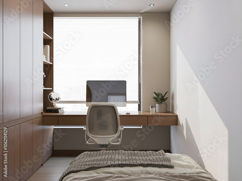 Working Space, Bedroom, Office, House, Apartment, Czy, Computer, Desk, Corner Bed, Interior Design, Workplace, Worktable, White Wall, 3D Rendering photo