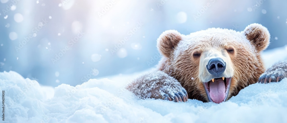 A brown bear lies in the snow, its mouth agape, tongue extended and hanging out A brown bear lies in the snow, its mouth agape, tongue extended and hanging out