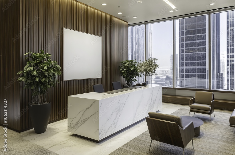 Fototapeta premium Sleek modern reception area featuring a white marble counter, large windows allowing natural light, and wooden paneling. 