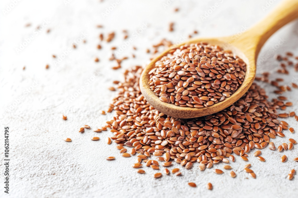 Brown flaxseeds in a wooden spoon with spilled seeds on the table