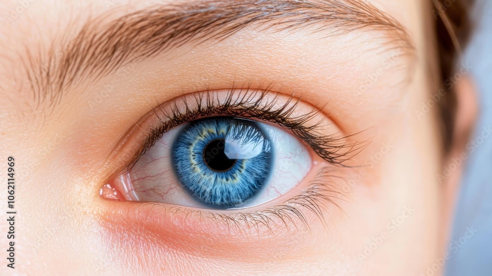 Obraz premium Intimate Blue Eye Close-up with Soft Skin Background - Serene Eye Care Concept