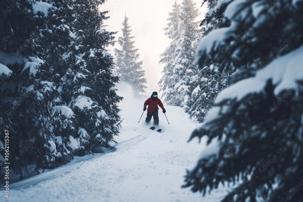 free ride - snowboarder starting down a narrow trail between tall pine trees, snow powder flying up with every turn free ride - snowboarder starting down a narrow trail between tall pine trees, snow powder flying up with every turn
