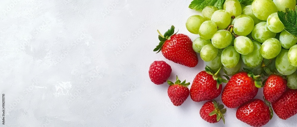 A white surface holds a cluster of green grapes topped with a single strawberry and a green leaf A white surface holds a cluster of green grapes topped with a single strawberry and a green leaf