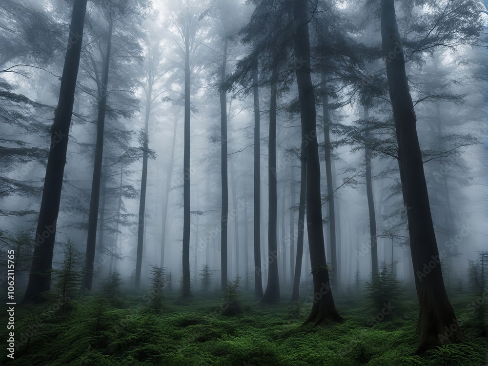 Obraz premium Misty morning light filters through the fog-shrouded woodland, illuminating ancient trees