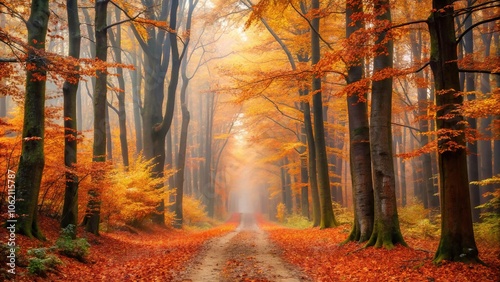 Autumn forest with foggy trail, orange and brown leaves photo