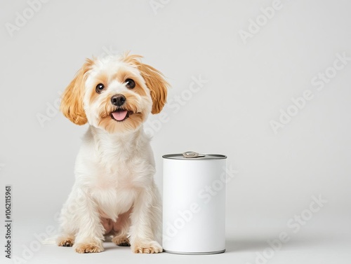 Small dog standing next to blank food can, matte finish, neutral background, studio lighting, ready for brand overlay