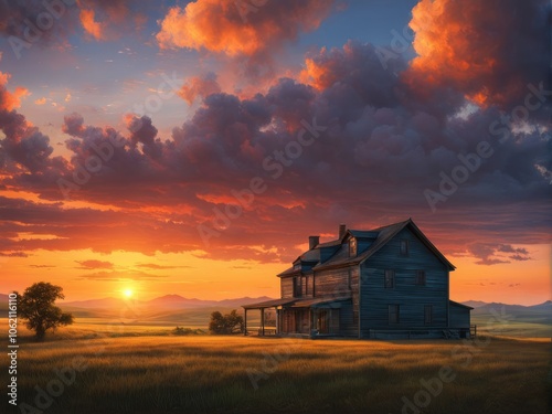 an illustration of The sun dips below the horizon, painting the sky with hues of orange and red as a lone hut stands amidst the vast, golden fields