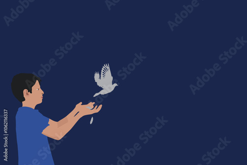 A boy releasing a bird, symbolizing freedom, hope, and new beginnings against a deep blue background vector. Freedom concept illustration vector.