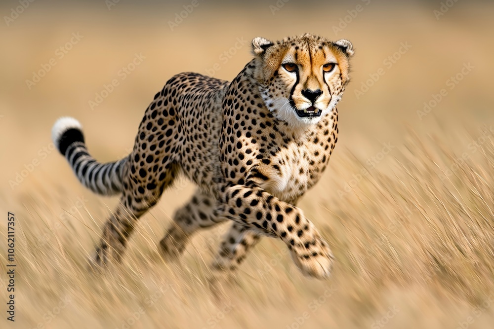 Majestic Cheetah Sprinting Through Golden Grasslands in Mid-Distance View Majestic Cheetah Sprinting Through Golden Grasslands in Mid-Distance View