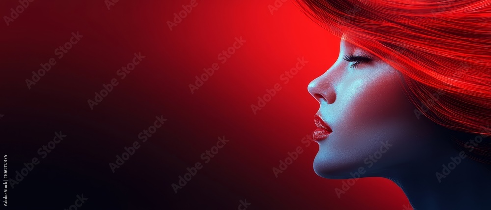 Close-up of a woman's face with wavy hair swaying in the wind against a vivid red backdrop Close-up of a woman's face with wavy hair swaying in the wind against a vivid red backdrop