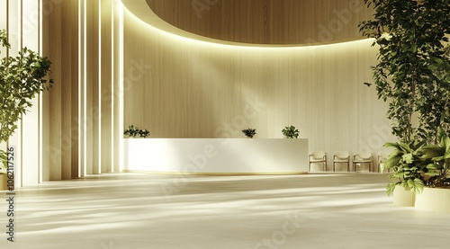 An elegant and modern reception area designed for an aesthetic clinic, featuring minimalist curved walls and stylish white furniture complemented by warm wood paneling and greenery. 