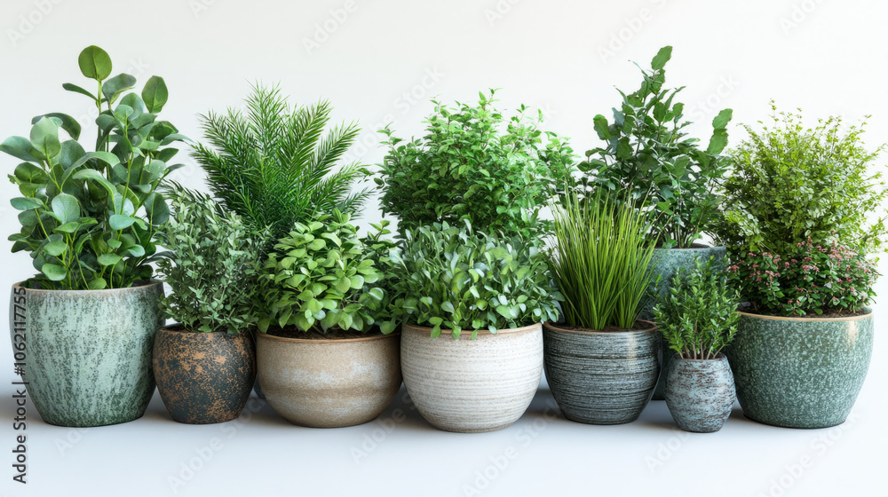 Fototapeta premium Lush green indoor plants arranged in decorative pots on a light background