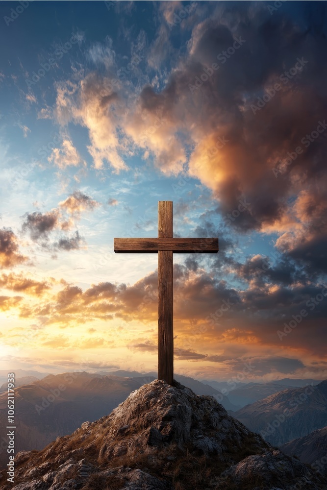 Obraz premium Majestic Wooden Cross Against Dramatic Sky - Symbol of Faith and Tranquility in Divine Sunset Landscape