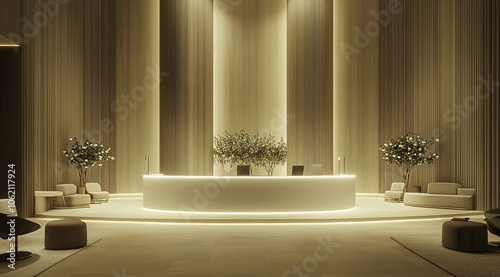 An elegant and modern reception area designed for an aesthetic clinic, featuring minimalist curved walls and stylish white furniture complemented by warm wood paneling and greenery. 