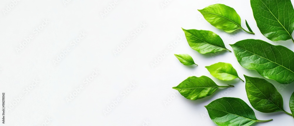 Group of green leaves atop white surface with text space ..Or, for more detail:.A collection of verdant leaves rests upon a pristine white Group of green leaves atop white surface with text space ..Or, for more detail:.A collection of verdant leaves rests upon a pristine white