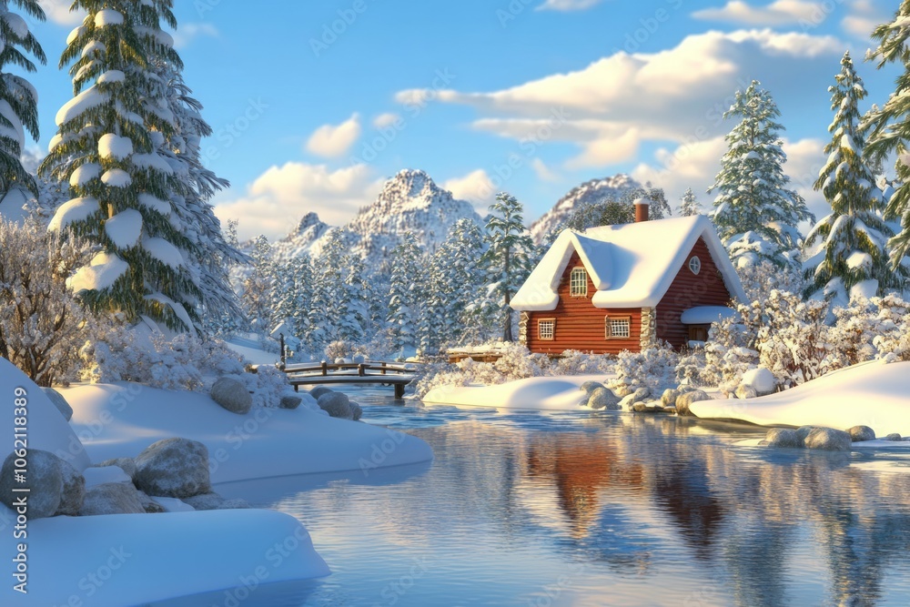 Fototapeta premium Merry Christmas. 3d Winter holiday landscape cartoon with snowdrifts and snowy fir trees