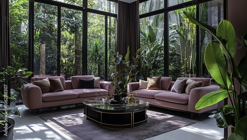 A modern minimalist living room featuring a pink sofa adorned with large and small cushions, complemented by floor-to-ceiling windows that fill the space with natural light.